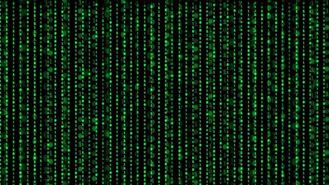 Digital rain of green and purple binary code falling on a black background