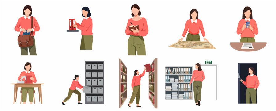 Archivist and librarian character set working with documents and files in library or office storage