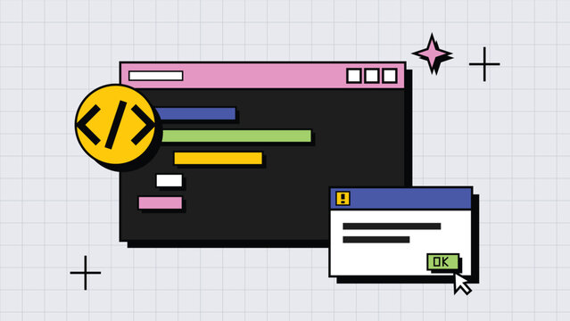 Web Development Programming Code Editor Window and Error Pop Up Screen Neo Memphis Flat Style for Software Engineering and Modern Tech Project Background