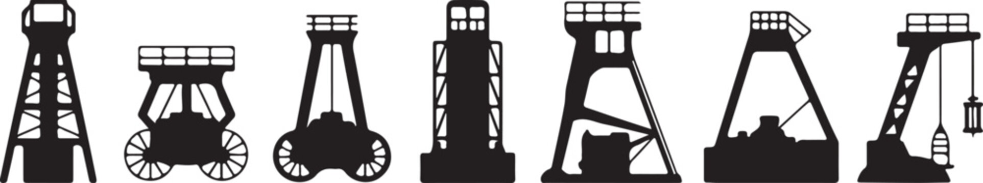 Coal mining towers and equipment silhouettes industrial landscape structures for mining industry and historical factory scenes.