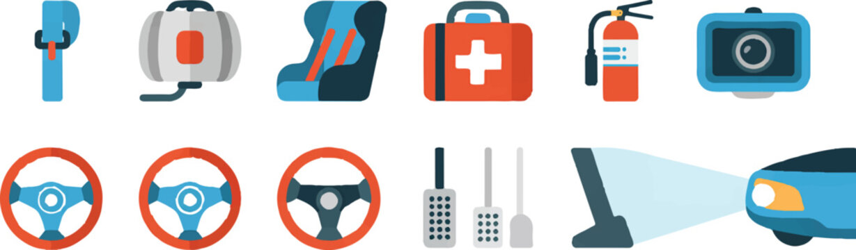 Car interior and safety equipment icons steering wheels pedals fire extinguisher first aid kit car seat and camera for automotive themes.