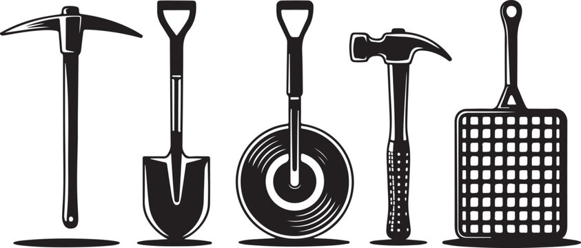 Set of black silhouette hand tools including pickaxe, shovels, hammer, and fly swatter for construction and garden work.