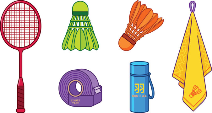 Badminton Sport and Fitness Training Vector Icon Set Featuring Racket Shuttlecocks Grip Tape Water Bottle and Towel Illustrations