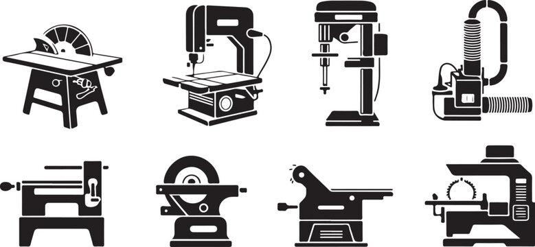 Collection of workshop and garage tools including table saw, band saw, drill press, and vacuum.