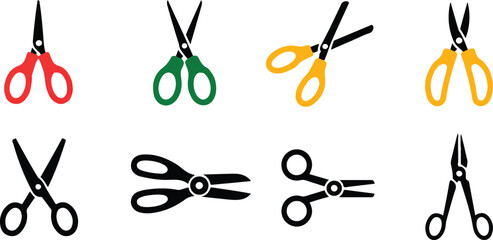 Fototapeta premium Set of different scissors icons featuring colorful handles and various blade styles for tailoring cutting and office use needs.