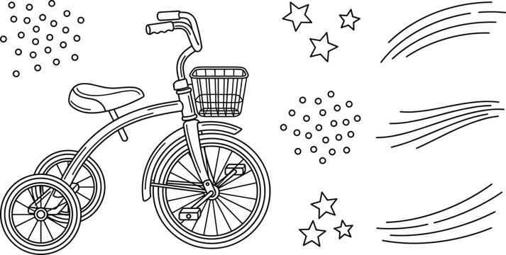 Cute kids tricycle coloring page vector illustration with stars bubbles and speed wind lines clip art