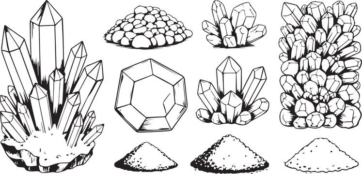 Natural crystal formations and gemstone mineral clusters with piles of sand and crushed stones for geological study or decor.