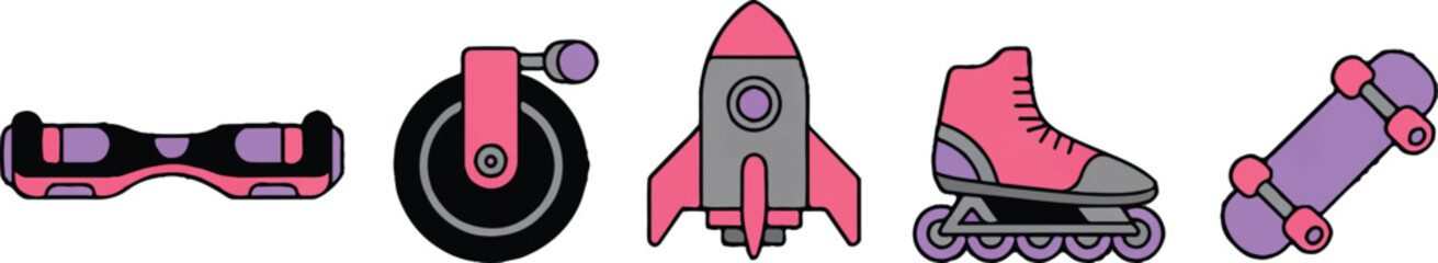 Fun transportation and personal mobility devices including hoverboard unicycle rocket skates and skateboard. © Kamrun82
