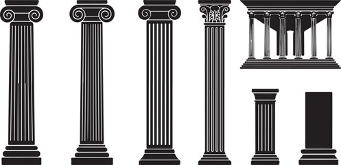 Naklejka premium Ancient Greek columns and temple architecture in black and white silhouette.