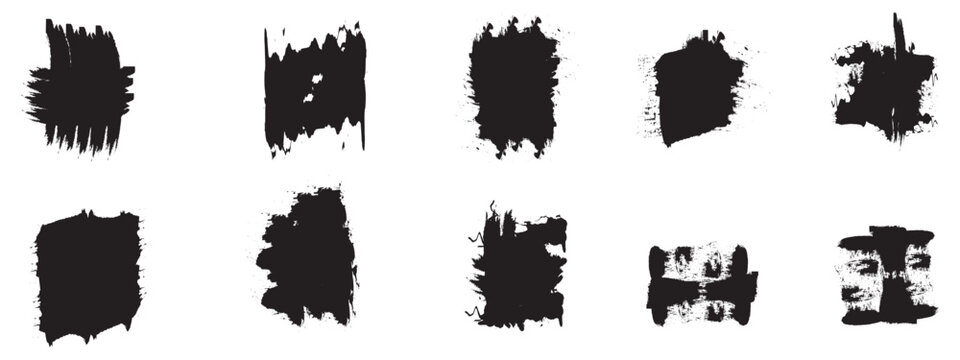 Ink brushstroke and paintbrush template with splashes grunge. Vector set black ink brush stroke. Dirty artistic design elements. Grunge splatter, dirt stain, brush with drops blots. Vector ink box