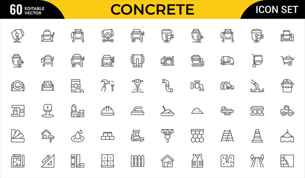 Concrete Outline Icon Set for Construction Materials, Building Foundations, Cement Production, Structural Engineering and Infrastructure Development Vector Collection