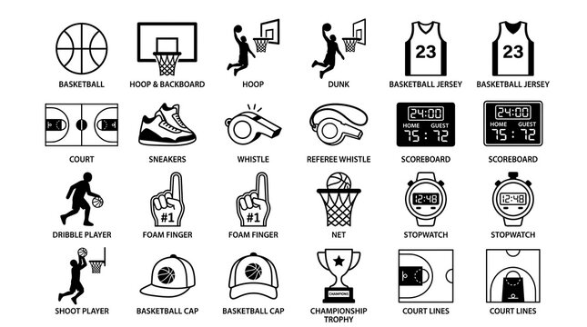 Basketball Icons Set With Players And Equipment.