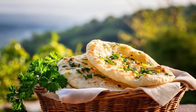 homemade garlic naan bread with fresh parsley in a picnic basket outdoors