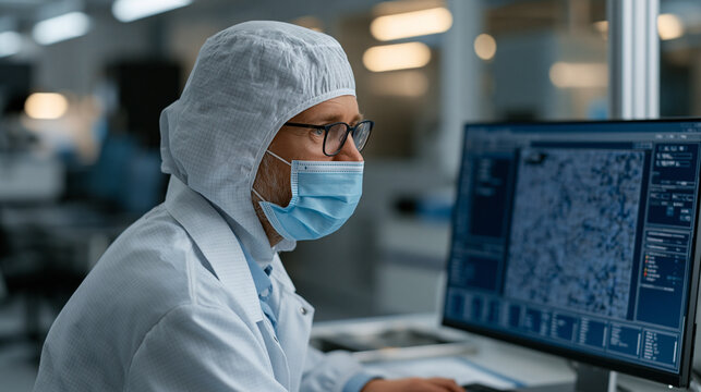 Microchip lithography technician in cleanroom examining wafer defect map on inspection station monitor, semiconductor manufacturing career, cleanroom safety protocol, blue-toned