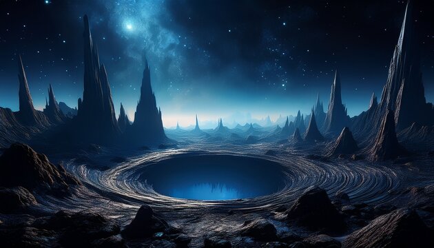 an alien surface with a deep abyss encircled by towering black rock spikes under a starry sky