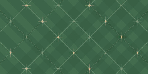 Obraz premium Christmas rhombus seamless pattern. Xmas plaid texture with gold line and stars. Green argyle geometric diamond abstract pattern. Christmas wrapping. Vector illustration isolated on green background.