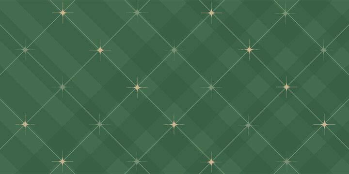 Christmas rhombus seamless pattern. Xmas plaid texture with gold line and stars. Green argyle geometric diamond abstract pattern. Christmas wrapping. Vector illustration isolated on green background.