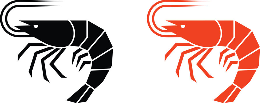 Minimalist geometric shrimp and red prawn silhouette vector icon set for seafood restaurant menu identity design