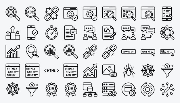 Seo and website optimization line icon collection with optimization, marketing