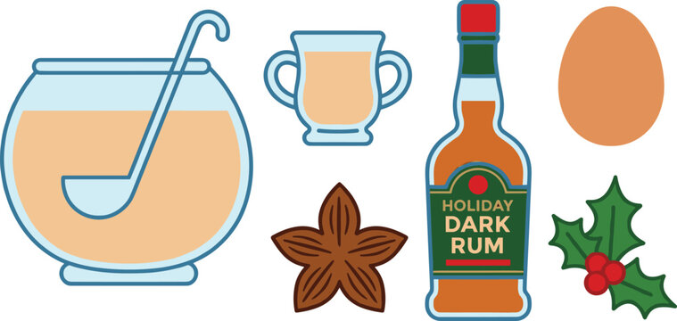 Christmas Eggnog Holiday Drink and Recipe Vector Icon Set with Punch Bowl Ladle Mug Star Anise Dark Rum Bottle Egg and Holly Berries