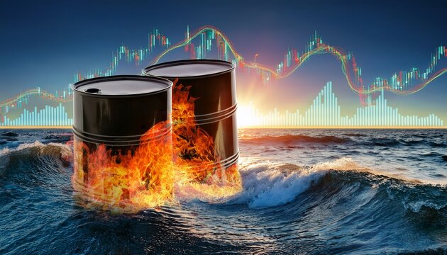 burning oil barrel in stormy sea with crashing waves and falling stock market graph concept of energy crisis and economic downturn