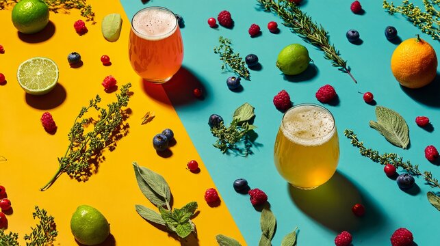A vibrant flat lay of beer with herbs and fruit scattered dynamically on a colorful background