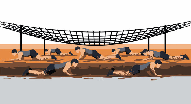 Group of men crawling under a net during an obstacle course race.