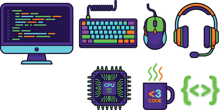 Computer Programming and Software Development Vector Icon Set with Coding Monitor Mechanical Keyboard Mouse Headset CPU Microchip Coffee Mug and Brackets