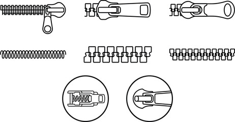 Garment zipper teeth types and fastener close up vector line art icon set for sewing details design © Sabbir Studio