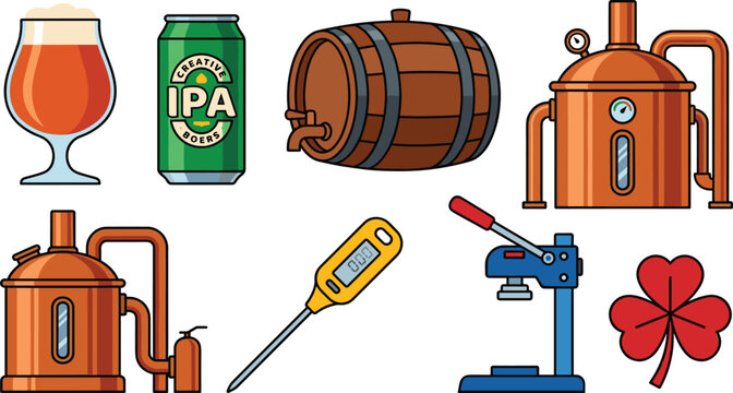 Craft Beer Brewing Equipment and Ingredients Icon Set with IPA Can, Tulip Glass, Copper Kettle, Wooden Barrel, Thermometer, and Bottle Capper Vector Illustration