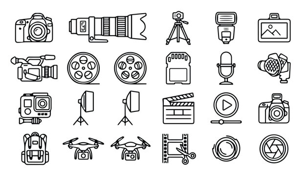 Professional photography and production equipment icons with photography