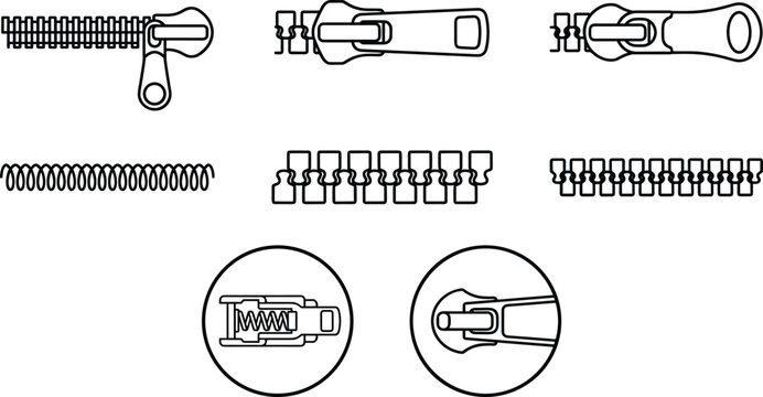 Garment zipper teeth types and fastener close up vector line art icon set for sewing details design