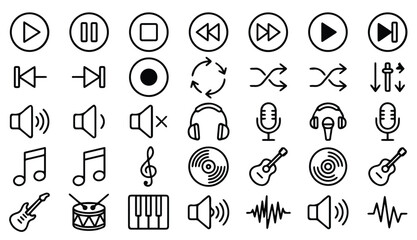 Media player and audio control line icons with microphone headphone instrument © Adde