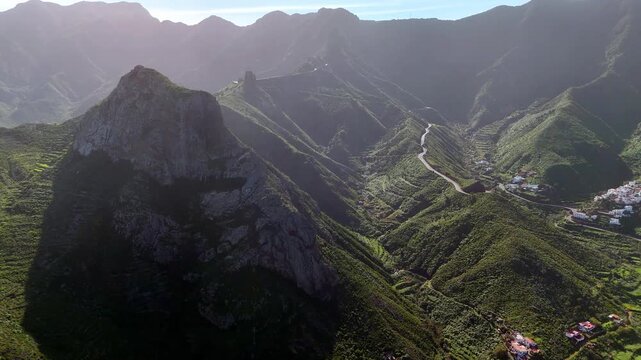 Drone approach to Roque de las Animas rock formation, Taganana, Tenerife