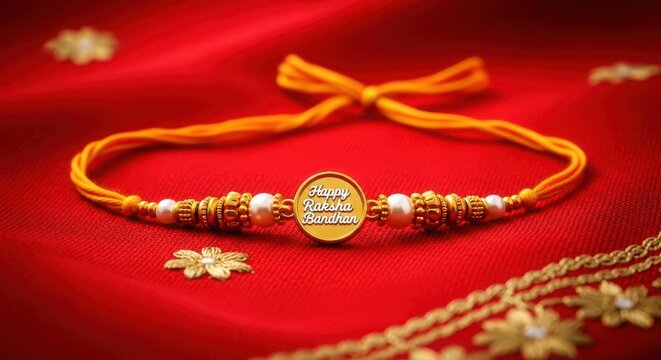 Golden rakhi bracelet with happy raksha bandhan message on red background