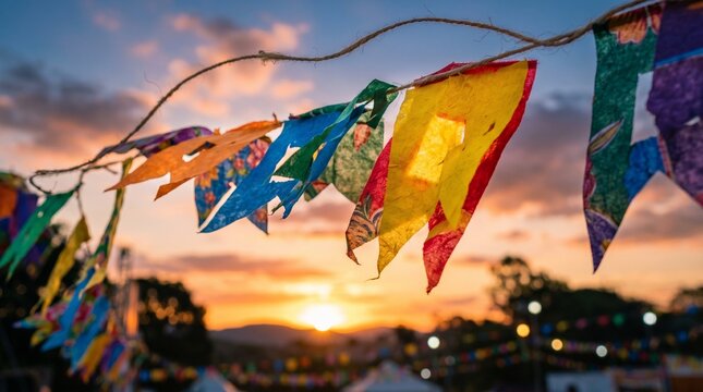 Colorful festive flags hanging against a beautiful sunset sky