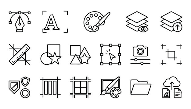 Graphic design and creative workflow line icons with creative, photoshop