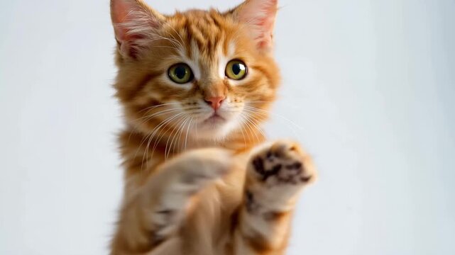 Cute orange tabby cat with green eyes reaching out with a paw