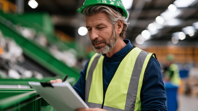 Zero waste factory floor supervisor reviewing material recovery bins beside conveyor system, twilight blue hour filtering through clerestory skylights, sustainable operations team