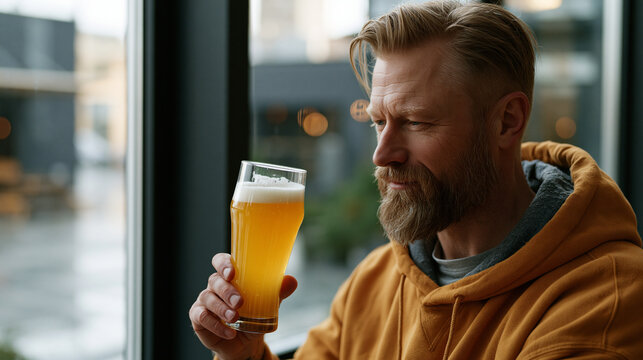 Head brewer quality-testing dry-hopped IPA clarity in tall pilsner glass held to window light, rain-soaked brewery courtyard visible behind glass, craft beer production process,