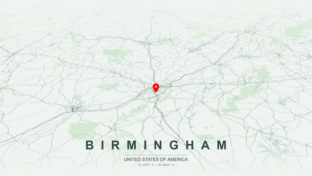 Modern minimalist vector map of Birmingham, Alabama, USA. High-quality scalable illustration of Birmingham city grid, Vulcan Park, Interstate 65 and I-20/59 highway interchange for posters design.