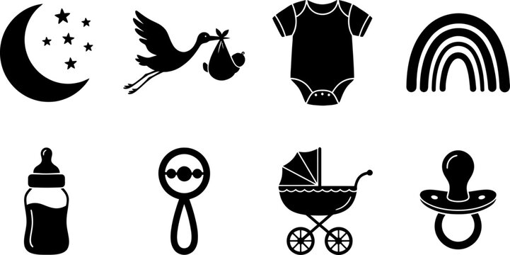 Baby arrival and nursery essentials vector icon set featuring stork baby clothes pacifier and carriage silhouettes