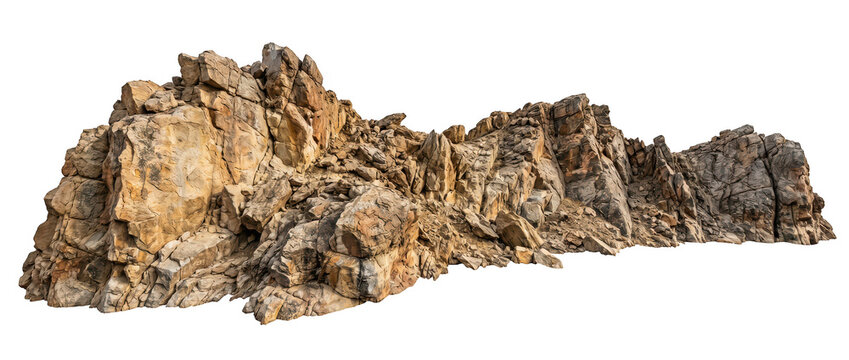 Large rugged mountain cliff rock formation isolated on transparent background.