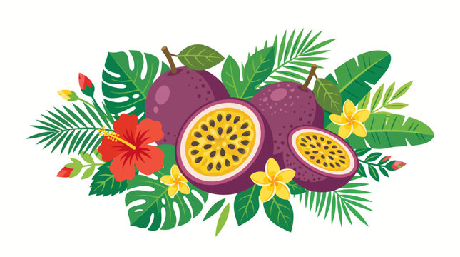 Fresh passion fruit with tropical palm leaves and hibiscus flowers vector illustration
