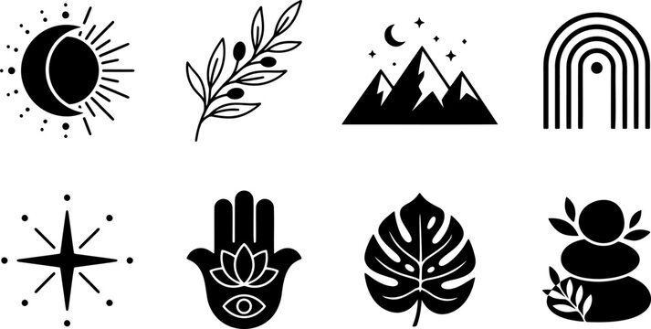 Spiritual and mystical boho vector icons including sun moon hamsa hand lotus leaf and zen stone stack