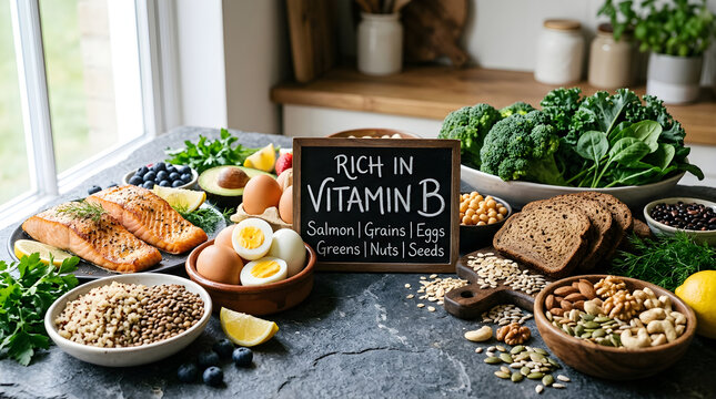 Healthy food rich in vitamin b on a dark stone table