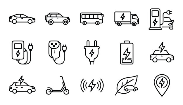 Electric mobility and ev charging infrastructure icons with electric, mobility