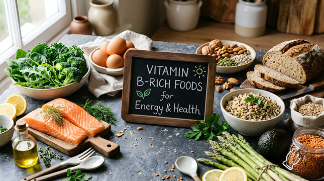 Assortment of vitamin brich foods for energy and health on a rustic kitchen table
