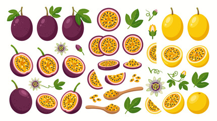 Obraz premium Fresh Passion Fruit Collection with Whole Half and Sliced Purple and Yellow Maracuya Varieties