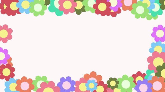 4K video collection of cute frame colourful floral flower popped looping and rotate in form motion graphic on white background, seamless background with flowers, repeated geometric frame motif video